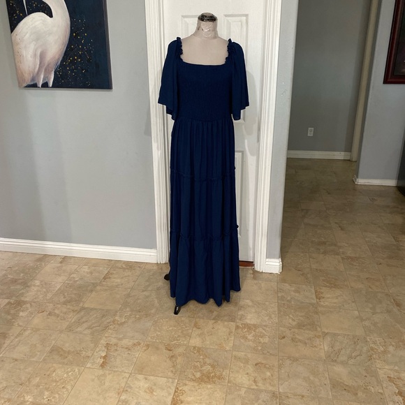 New Women 3XL blue maxi dress featuring ruffled flutter sleeves,tiered skirt - Picture 2 of 7